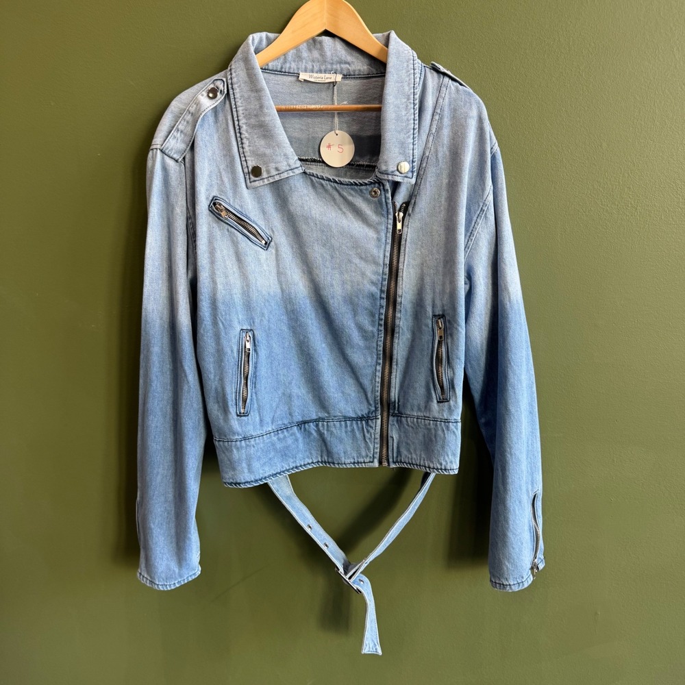 Wisteria Lane Stretch Denim‎ Moto Jacket Zipper Belted NWT $78 XXL Jean #5